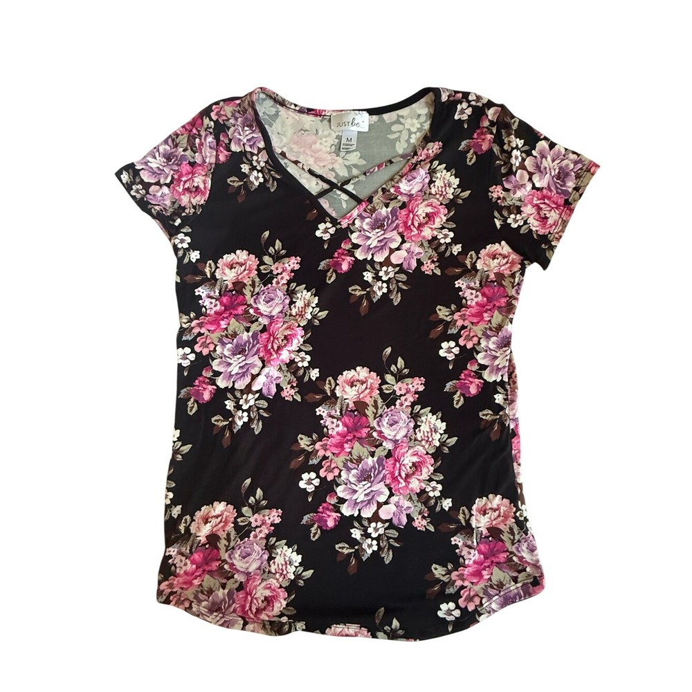 Just Be Black Floral Crisscross V-Neck Short Sleeve Top - Size M Summer Stretchy